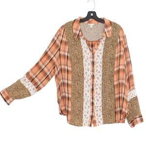 Top Boho Cottage Patchwork Prairie Leopard Plaid Floral Button Up Orange 22/24